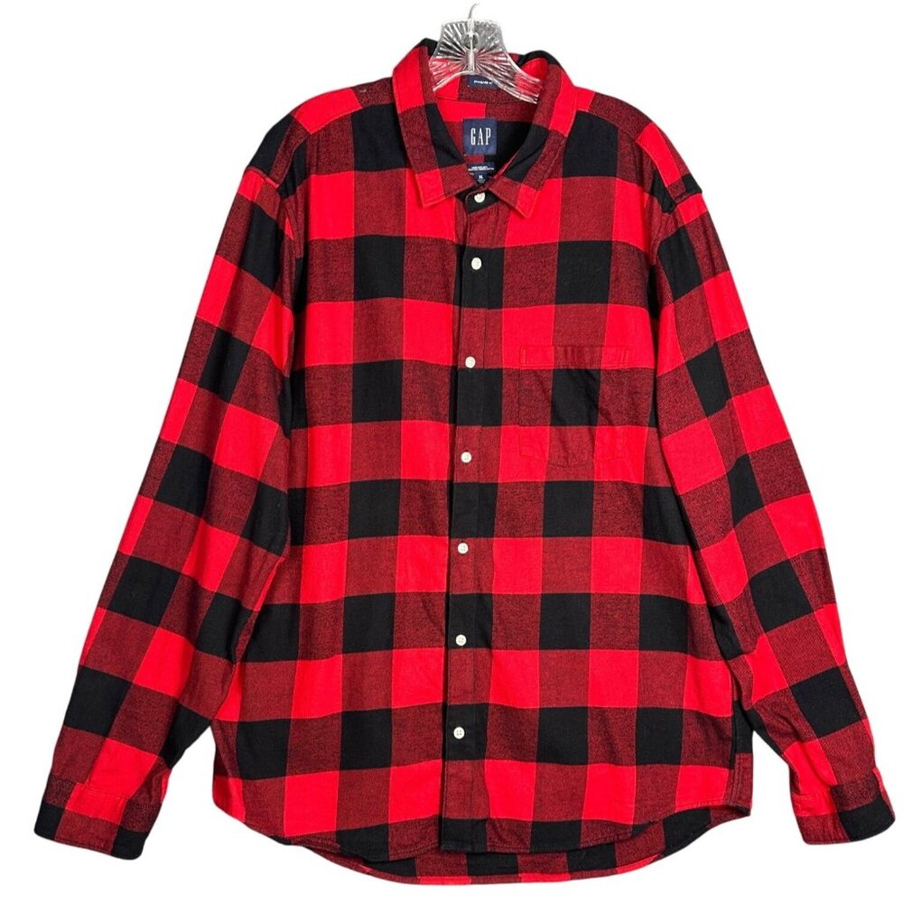 GAP Men’s‎ Organic Cotton Flannel Shirt XL Red Black Buffalo Check Button Front